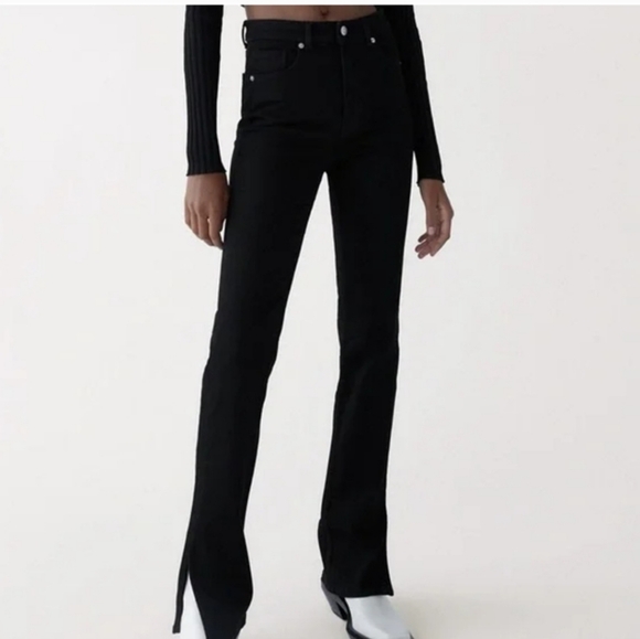 NWT ZARA Split Skinny Jeans High Rise Full Length Bootcut Flare Leg Black - Picture 3 of 9